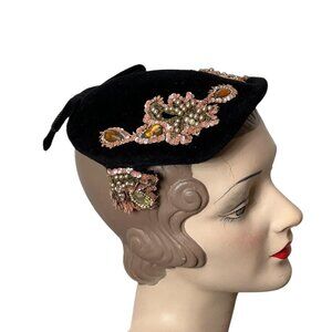 1950s black velvet cap embellished with sequins faux jewels faux pearls